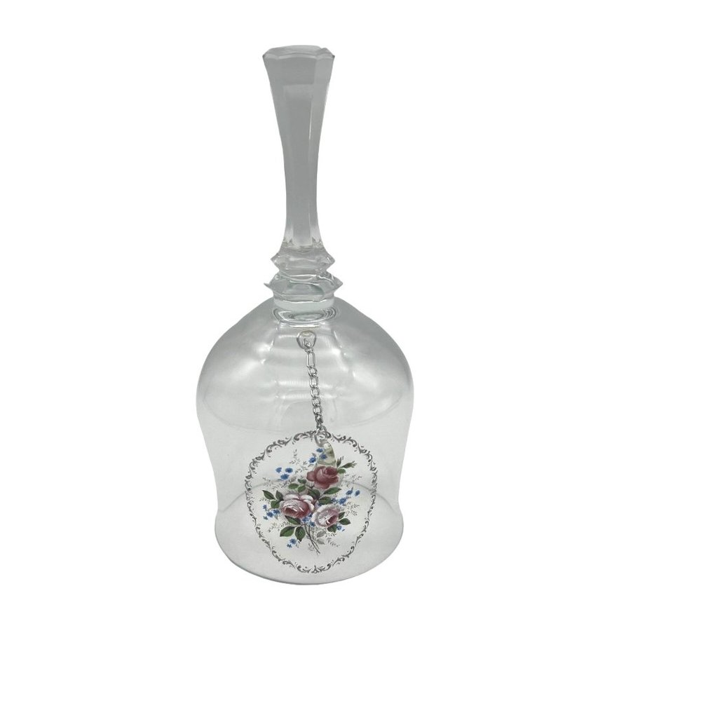 Clear Glass Bell with Glass Clapper Painted Rose Design 6.25" Tall